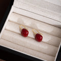 Burgundy Rounded Square Bead Gold Tone Long Hook Earrings view 3