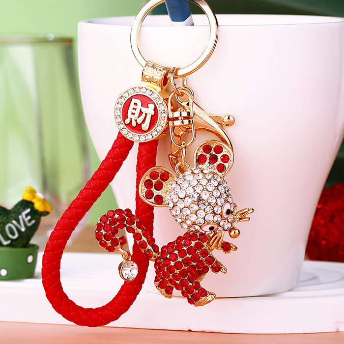 Jeweled Mouse Keychains in Pink Red and Blue with Fortune Braided Loops