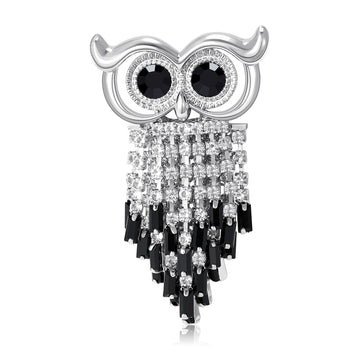 Crystal Owl Brooch with Beaded Fringe in Gold or Silver Tone