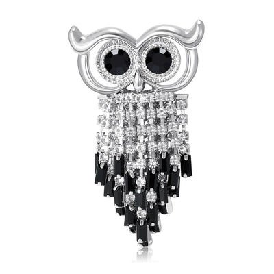 Front product view of the crystal owl brooch on a light background