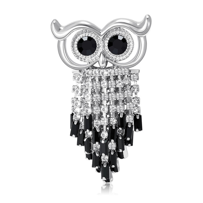 Crystal Owl Brooch with Beaded Fringe in Gold or Silver Tone