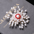 White Pearl Beaded Burst Brooch With Red Crystal Center view 2