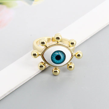 Gold Tone Sculpted Sun Realistic Blue Eyeball Adjustable Ring