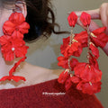 Red Fabric Flower Cluster Statement Drop Earrings Fashion Jewelry view 1