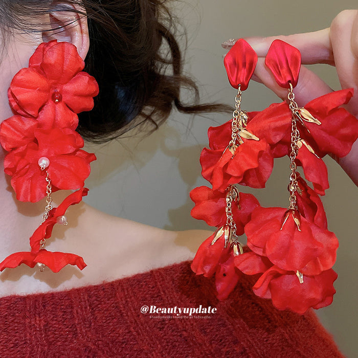 Red Fabric Flower Cluster Statement Drop Earrings Fashion Jewelry