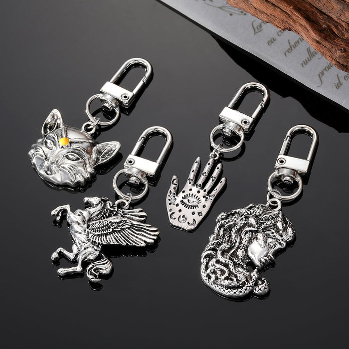 Antique Silver Tone Palm Pegasus Medusa and Cat Clip Keychains