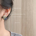 White Ceramic Rose Blue Green Leaf Floral Stud Earrings view 3