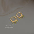 Gold Tone Textured Hoop And Three Green Stone Drop Earrings view 4