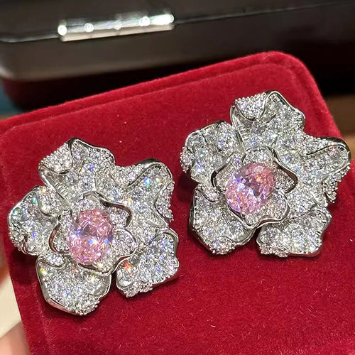 Pink Center Pavé Flower Stud Earrings Metal Jewelry Design shown from an alternate angle
