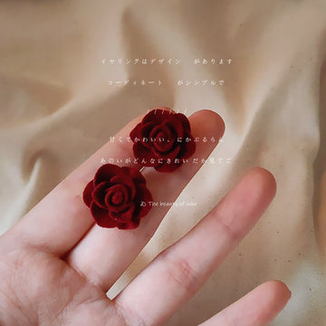 Wine Red Soft Velvet Flocked Rose Flower Stud Earrings