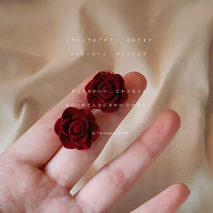 Wine Red Soft Velvet Flocked Rose Flower Stud Earrings