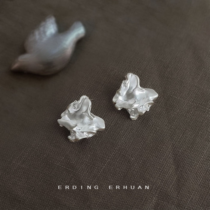 Silver Tone Irregular Sculpted Metal Stud Earrings With Folded Texture