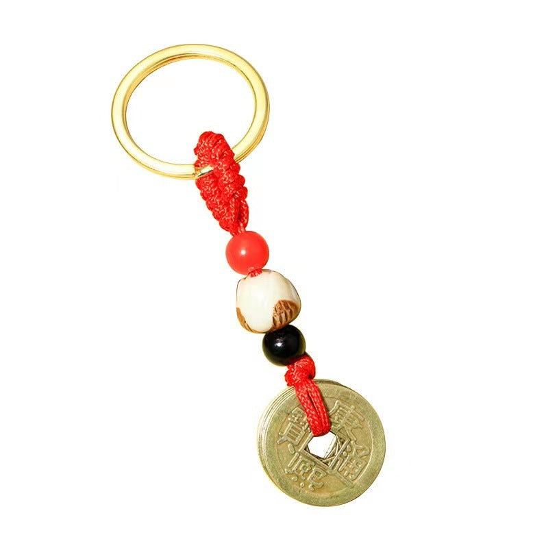 Lotus Bodhi Five Emperor Coins Alloy Keychain Red Cord Pendant