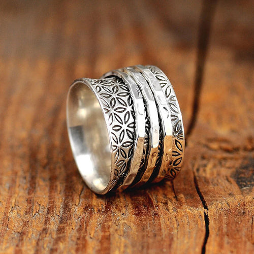 Antique Silver Tone Textured Wide Spinner Ring Polished Jewelry Accessory - front product view