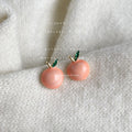 Pink Glossy Apple Stud Earrings Green Enamel Leaf Accents view 3