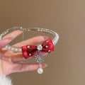 Red Fabric Bow Pearl Choker And Snowflake Drop Earrings view 6