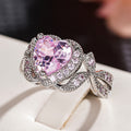 Pink Heart Solitaire Looping Leaf Ring In Silver Tone view 3