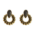 Antique Gold Beaded Hoop Stud Earrings Black CZ Drop view 5