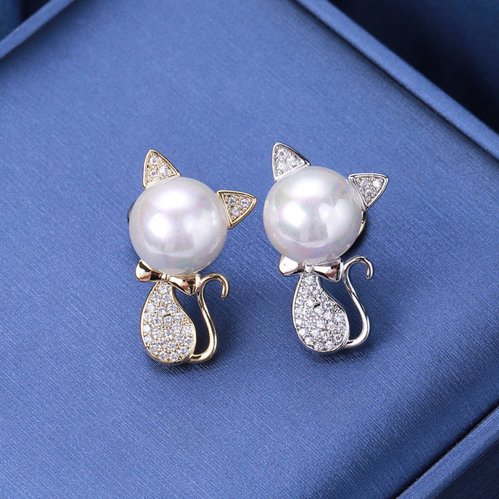 Pearl-look Cat Brooch In 2 Color Variants For Jackets and Scarves
