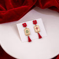 Red Flower Mahjong Tile Tassel Mismatched Stud Earrings view 3