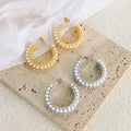 Steel C Hoop Earrings White Pearls Textured Metal Band view 2
