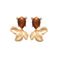 Brown Oval Petal Drop Stud Earrings With Decorative Metal Details view 5