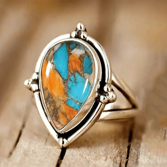 Antique Silver Teardrop Cabochon Rings Turquoise Multicolor