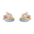 Gold Tone Pink Flower Blue Basket And White Pearl Stud Earrings view 5