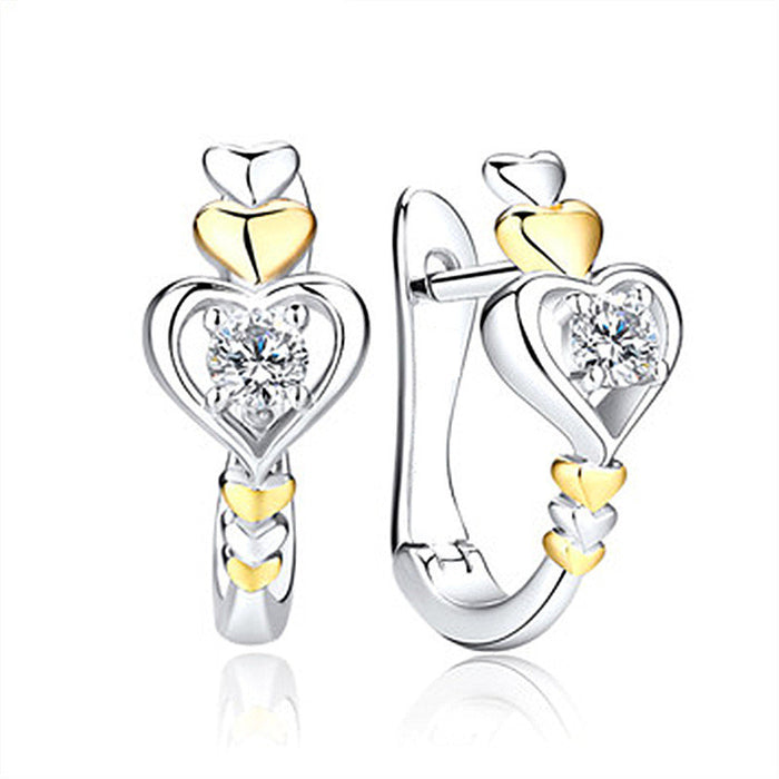 Two Tone Heart Huggie Earrings Silver Gold Clear Stone