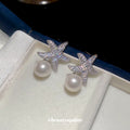 Silver Starfish and Pearl Stud Earrings with Crystal Texture view 4