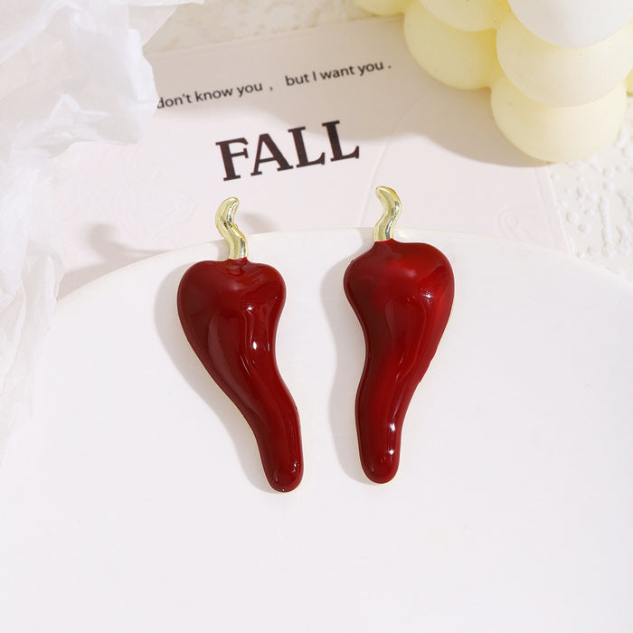 Glossy Red Chili Pepper Gold Tone Novelty Stud Earrings