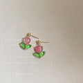Glass Tulip Flower Stud Earrings Green Leaf Accents view 7