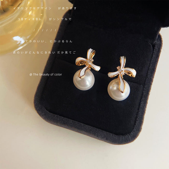 Gold White Enamel Bow Pearl Drop Stud Earrings Clear Stone
