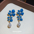 Blue Enamel Floral Cluster and Pearl Drop Stud Earrings view 4
