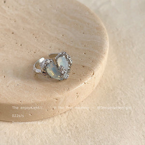 Open Adjustable Silver Heart Opaline Glass Crystal Ring