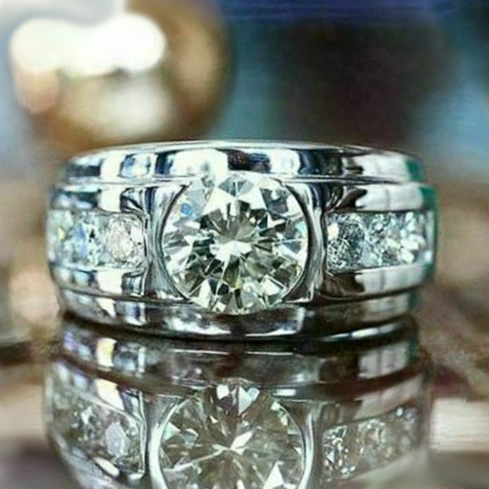 Silver Wide Band Round CZ Center Channel Side Stones