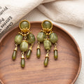 Olive Green Bead Gold Tone Long Chandelier Earrings view 3