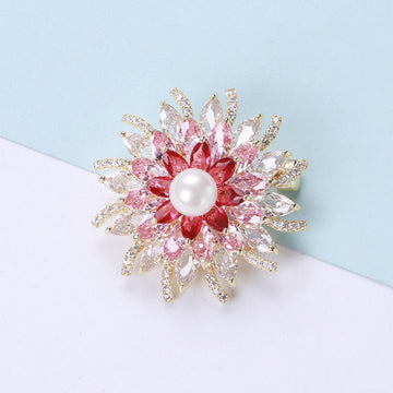 Pink Crystal Flower Brooch With Faux Pearl Center Decorative Lapel Pin