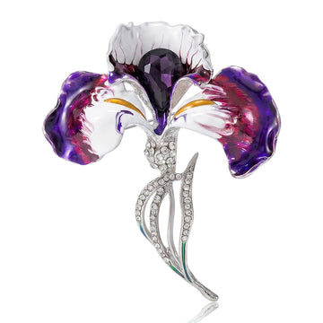 Purple Iris Flower Brooch with Enamel Petals and Silver Stem