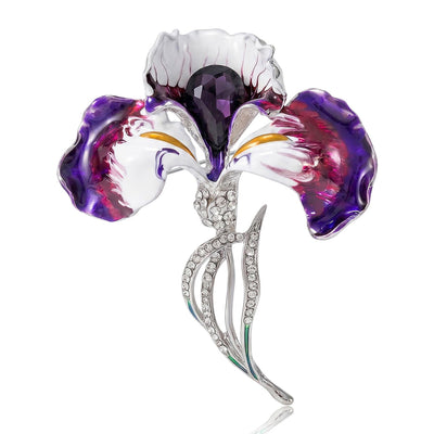 Front view showing the purple iris flower brooch with enamel petals and silver stem