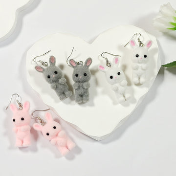 Flocked Standing Rabbit Drop Earrings in Four Color Options