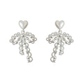 Silver Heart Stud Pearl Zircon Lace Bow Drop Earrings view 5
