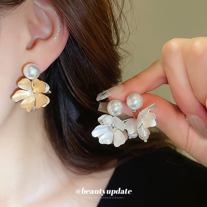 Gold Petal Stud Earrings with Irregular White Pearl Drops