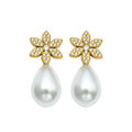 Gold Pave Flower Stud Teardrop Pearl Drop Earrings view 5