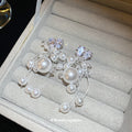 Silver Crystal Floral Earrings with Pearl Drop Fringe view 4