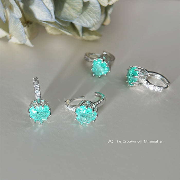Silver Tone Aqua Cluster Stone Huggie Hoop Earrings For Women
