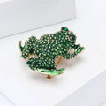 Green Enamel Frog Brooch Gold Studs Crystal Eyes Pin view 2