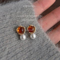 Gold Amber Geometric Stud Earrings White Pearl Drop Accents view 1