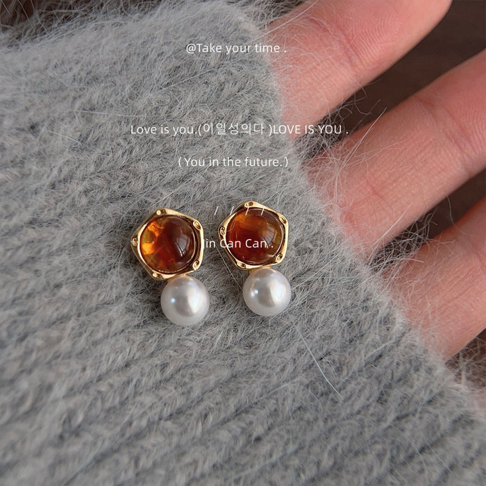 Gold Amber Geometric Stud Earrings White Pearl Drop Accents
