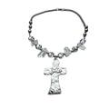Silver Hammered Cross Pendant Necklace Clear Crystal Beads view 5